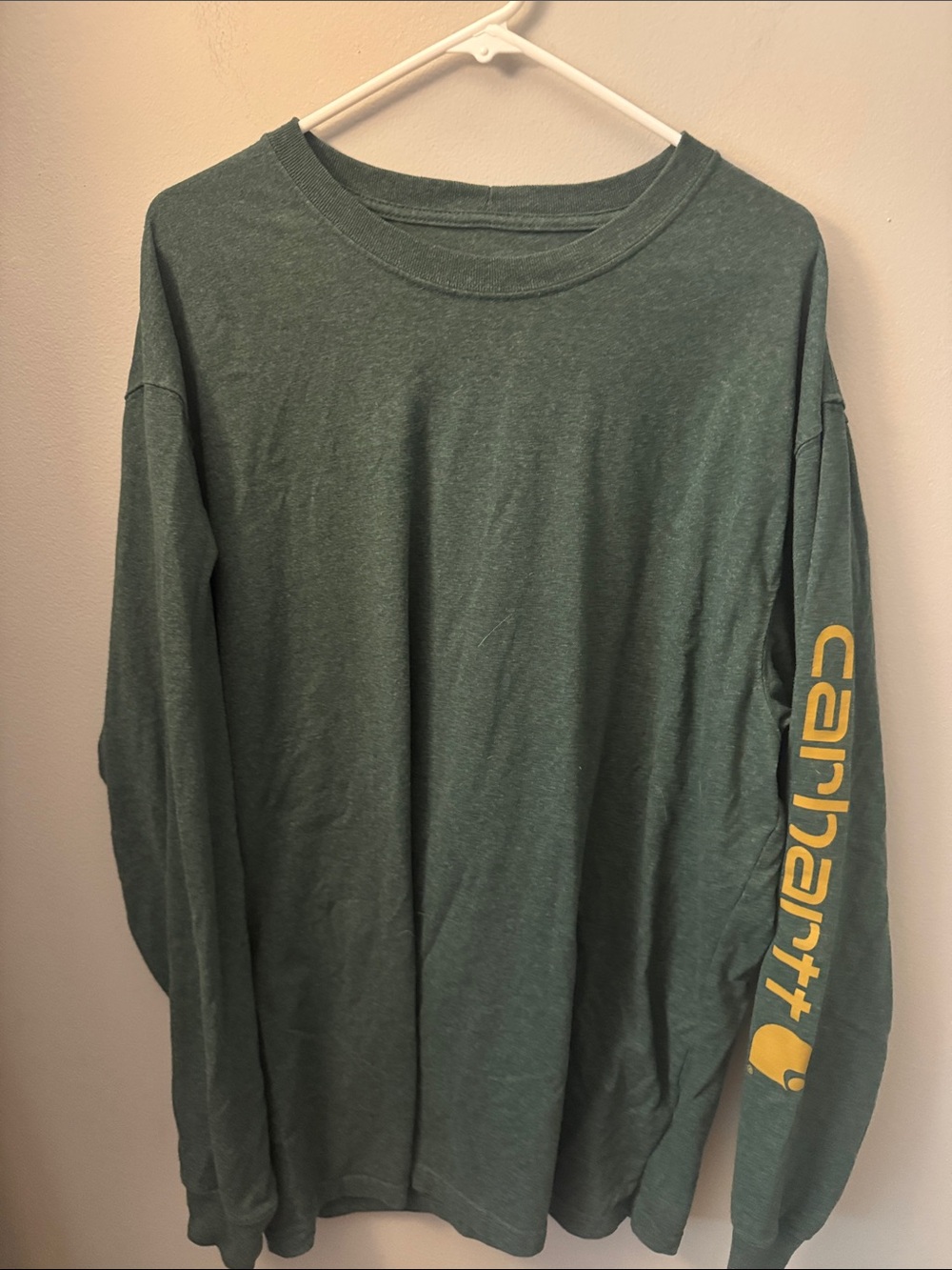 Carhartt Long-Sleeve Crewneck Shirt - Heather Green with Yellow Sleeve Logo